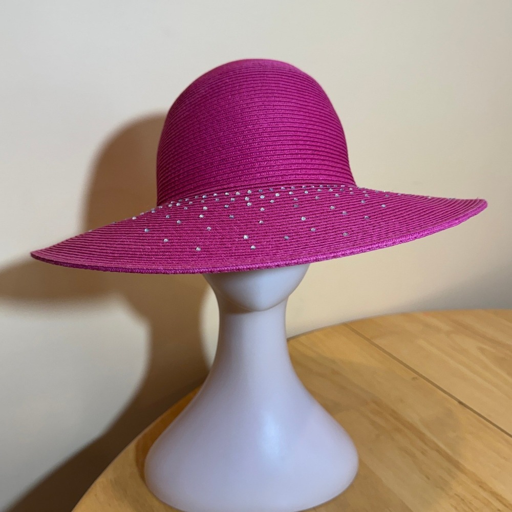 Cappelli Straworld Fuchsia Pink Rhinestone Wide Brim Paper Straw Sun Hat Cruise
